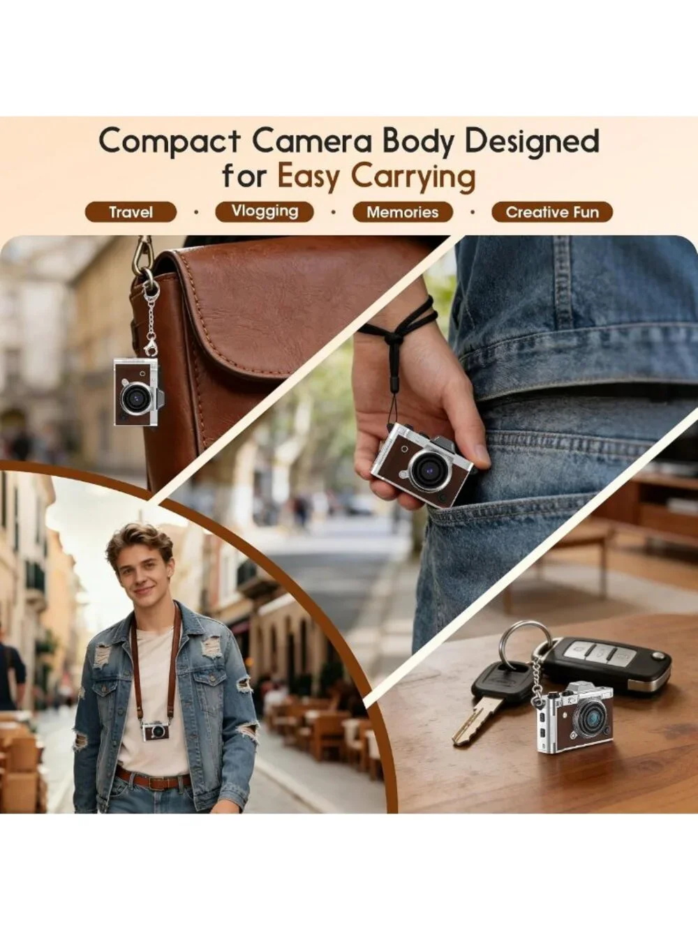 Retro Mini Digital Keychain Camera, 2K HD Resolution, 16GB Storage, Brown